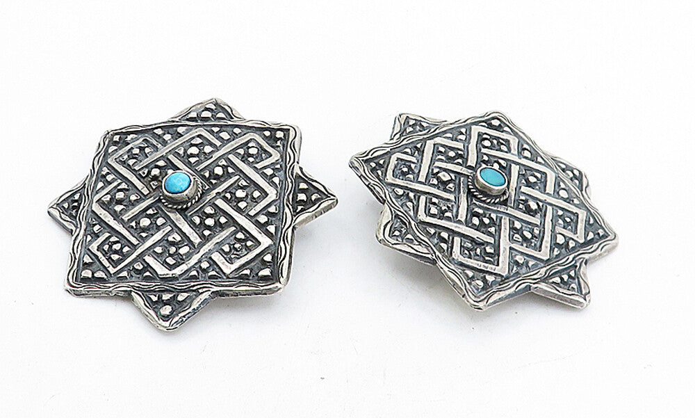 925 Sterling Silver Vintage Turquoise Oxidized Non Pierce Earrings EG2377