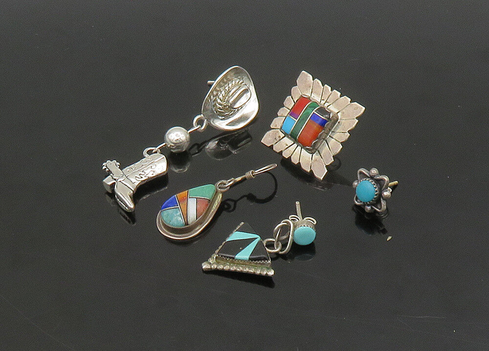 ZUNI NAVAJO 925 Sterling Silver Vintage Multi Stone Lot Single Earrings EG11258