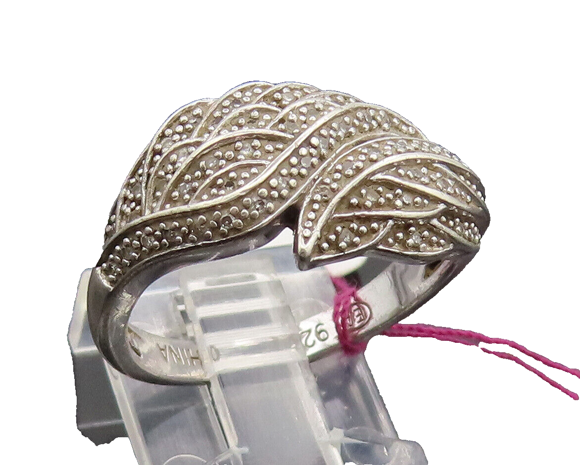 925 Sterling Silver  Vintage Swirly Carved Wings Diamond Ring Sz 9.25  RG26967