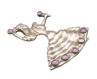 MEXICO 925 Silver  Vintage Antique Dancing Chalcedony Woman Brooch Pin  BP9677