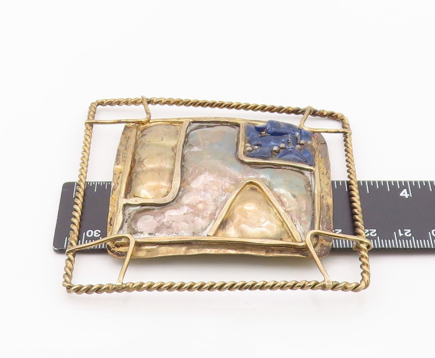 925 Sterling Silver Vintage Brooch Pin DE LILLO Lapis Lazuli Wire Grid  BP12582