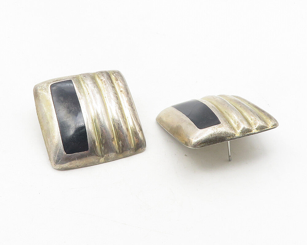 MEXICO 925 Sterling Silver  Vintage Inlaid Black Onyx Drop Earrings  EG6262