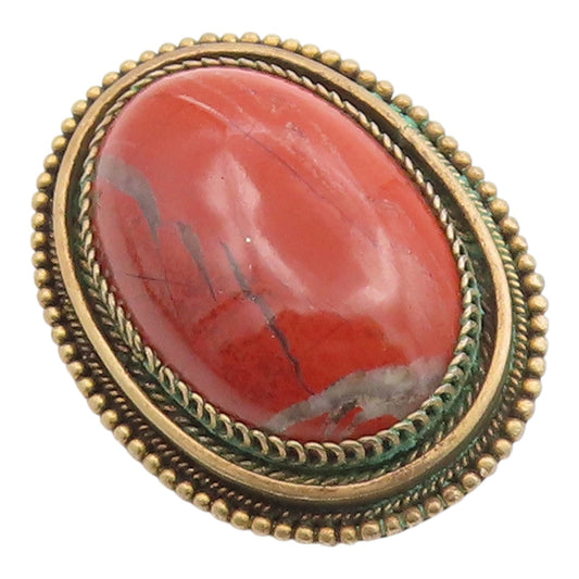 925 Sterling Silver Vintage Brooch ISRAEL Gold Plated Cabochon Coral Pin BP12449