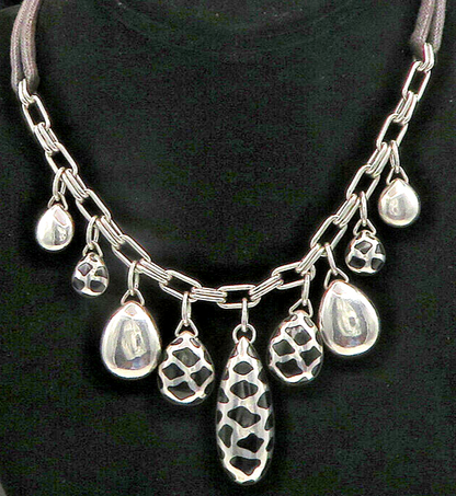 925 Sterling Silver  Vintage Black Onyx Spotted Inlay Rope Necklace  NE3154