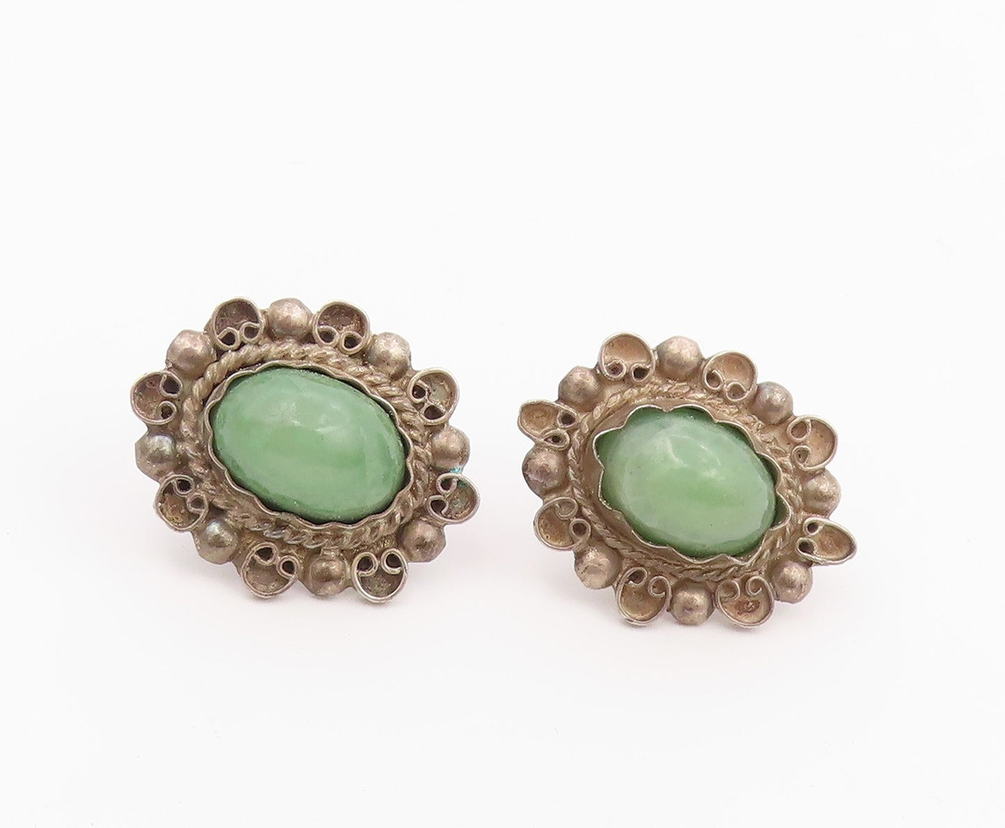 925 Sterling Silver Vintage Earrings MEXICO Cabochon Jade Screw Back  EG14449