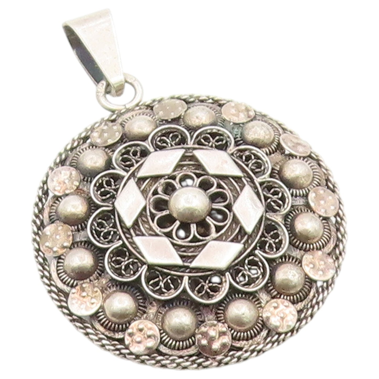 925 Sterling Silver Vintage Pendant Intricate Filigree Geometric Medal  PT26462