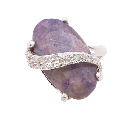 925 Sterling Silver Vintage Ring Oval Gemstone & Diamonds Band   Sz 7  RG29013