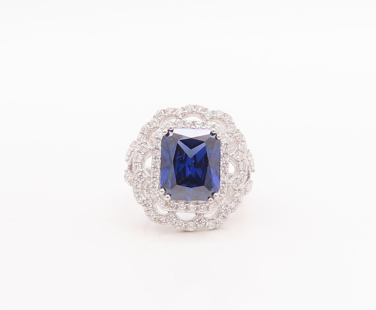925 Sterling Silver Vintage Ring Rectangle Sapphire Carved CZ Frame Sz 7 RG29367