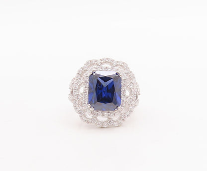 925 Sterling Silver Vintage Ring Rectangle Sapphire Carved CZ Frame Sz 7 RG29367