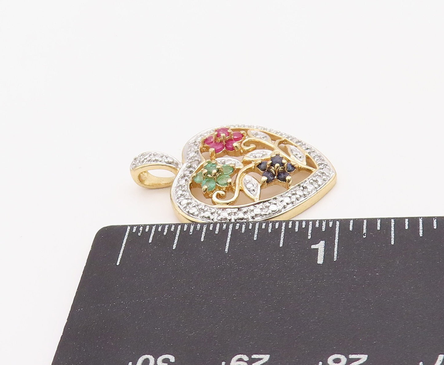 925 Sterling Silver Vintage Pendant Gold Plated Floral Gemstone Heart  PT23510