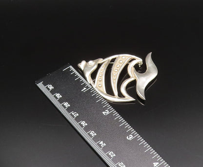 925 Sterling Silver  Vintage Carved Beaded Fish Cutout Brooch Pin  BP9571