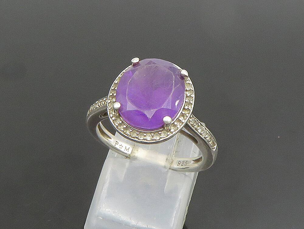 925 Sterling Silver  Vintage Oval Amethyst & Topaz Halo Ring Sz 7  RG25157