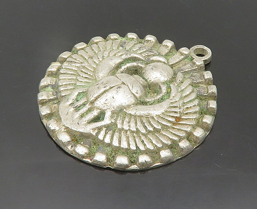 MIDDLE EAST 925 Silver  Vintage Heavy Winged Scarab Round Pendant  PT15171