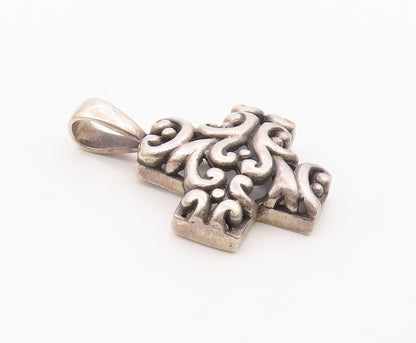 925 Sterling Silver  Vintage Shiny Heart Swirl Pattern Cross Pendant  PT19290