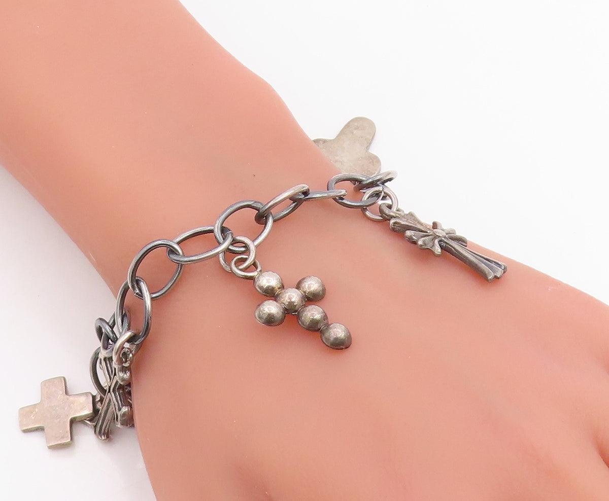 925 Sterling Silver Vintage Bracelet MEXICO Religious Cross Charms Link  BT11866