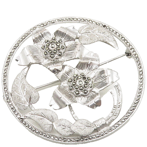 925 Sterling Silver  Vintage Sparkling Marcasite Flowers Brooch Pin  BP7322