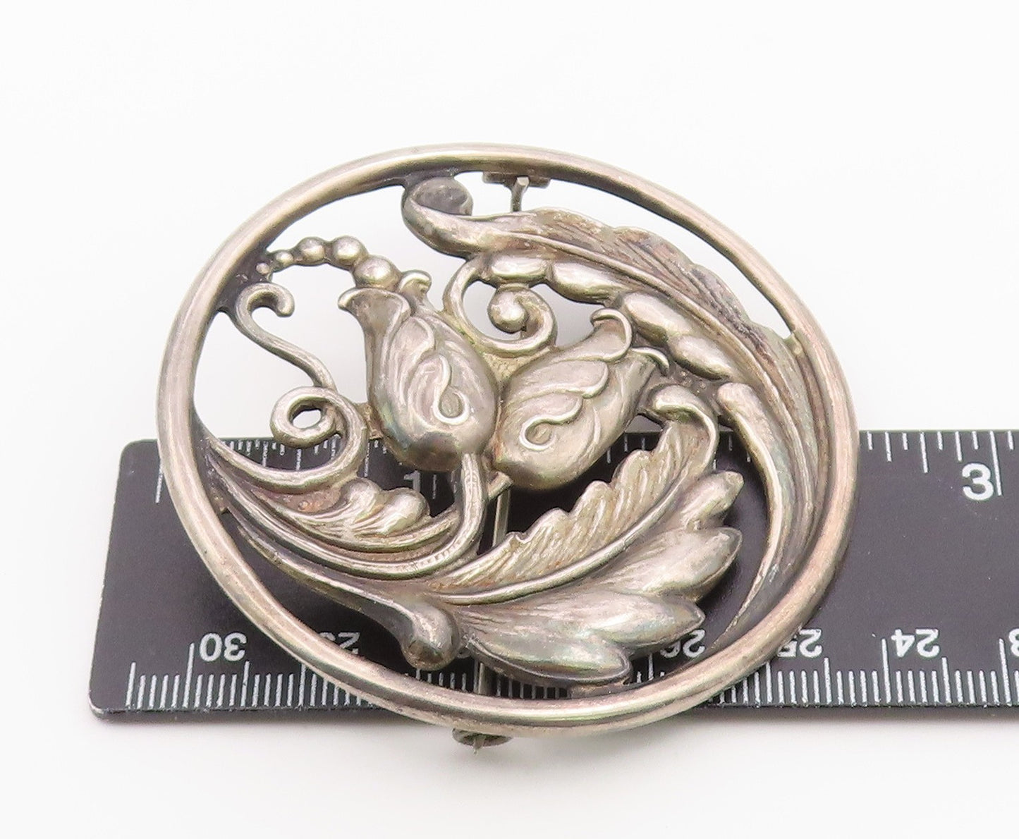 925 Sterling Silver Vintage Brooch Pin CARL POUL Openwork Foliate Circle BP12610