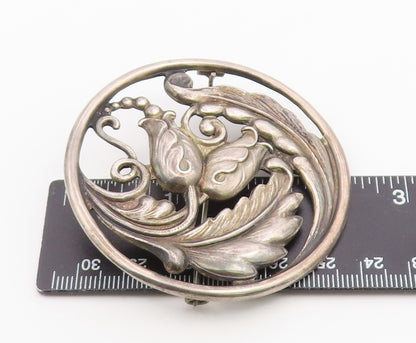925 Sterling Silver Vintage Brooch Pin CARL POUL Openwork Foliate Circle BP12610