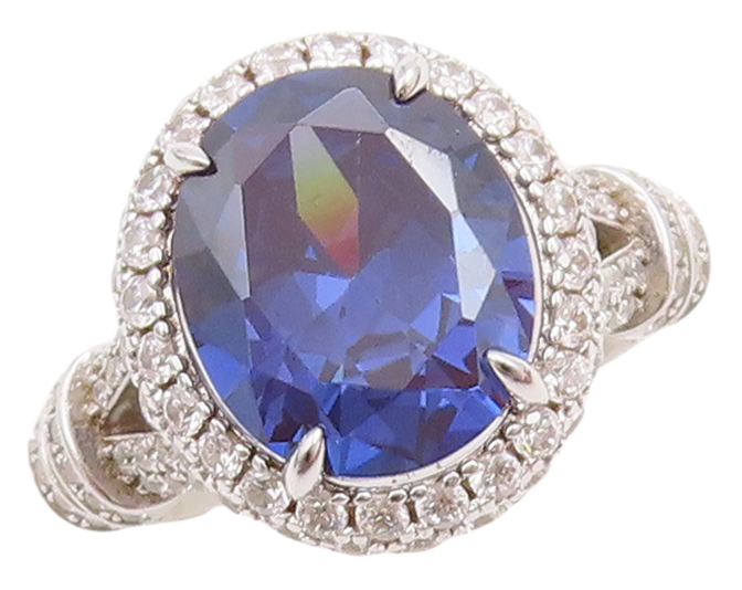925 Sterling Silver Vintage Ring Designer Cutout Sapphire & CZ  Sz 7  RG30990
