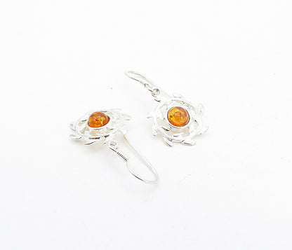 925 Sterling Silver  Cabochon Cut Amber Floral Wreath Dangle Earrings  EG3794
