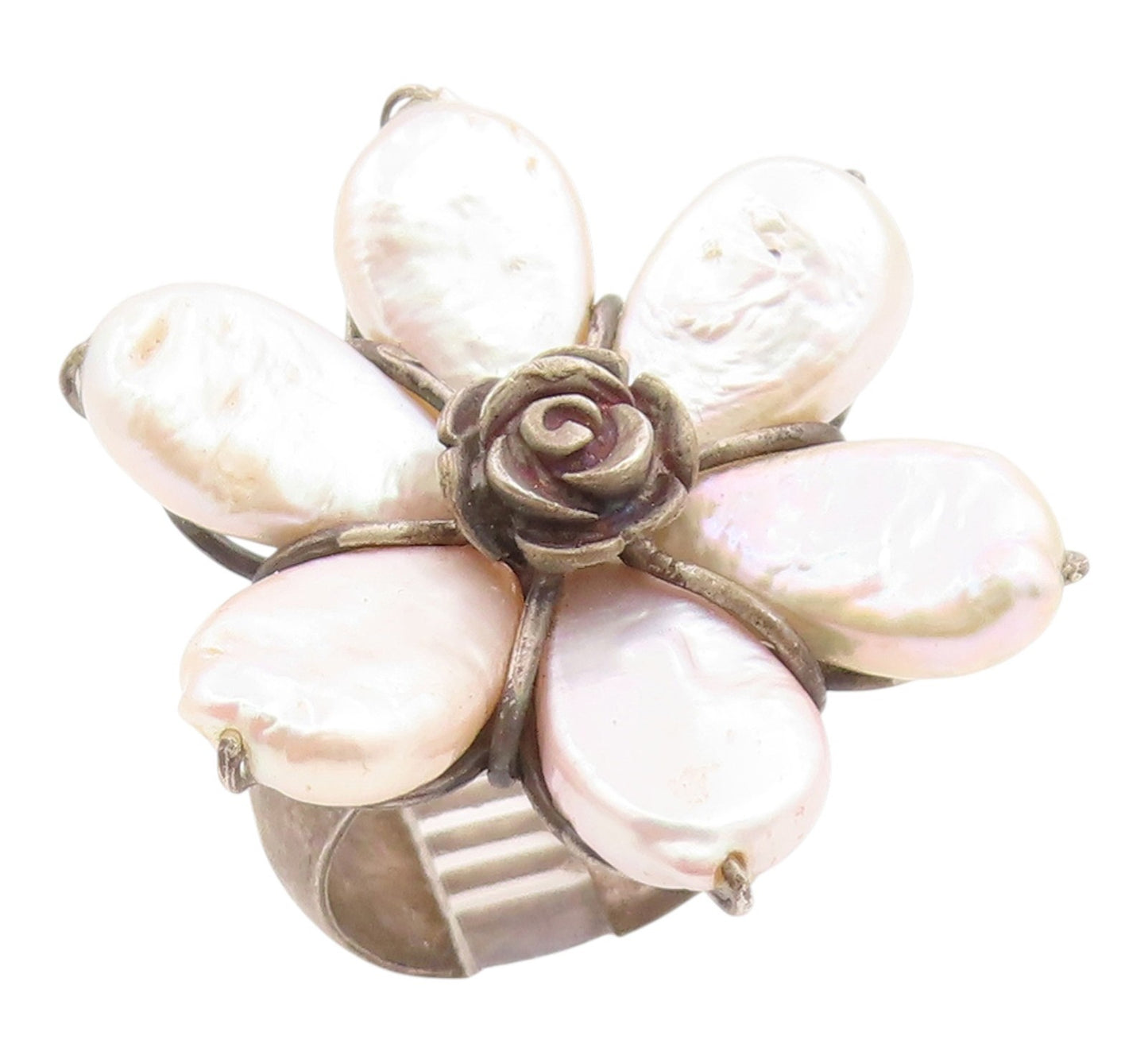 925 Sterling Silver Vintage Ring Elegant Mother Of Pearl Flower  Sz 8  RG35744