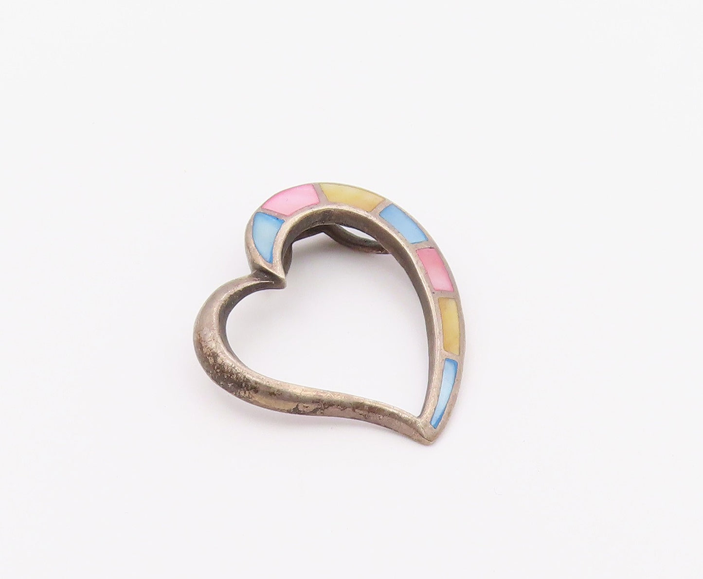 925 Sterling Silver  Vintage Mother Of Pearl Open Love Heart Pendant  PT19959
