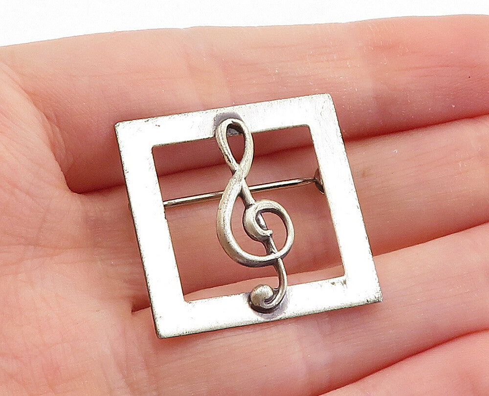 BEAU 925 Sterling Silver  Vintage Treble Clef Music Square Brooch Pin  BP2173