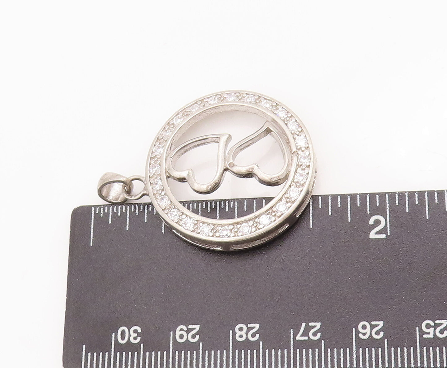 925 Sterling Silver Vintage Pendant Cutout Round CZ Framed Love Hearts  PT22999