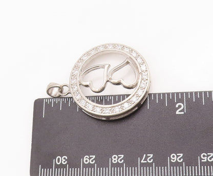 925 Sterling Silver Vintage Pendant Cutout Round CZ Framed Love Hearts  PT22999