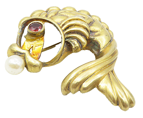 925 Sterling Silver  Vintage Red Topaz & Pearl Fish Motif Brooch Pin  BP3367