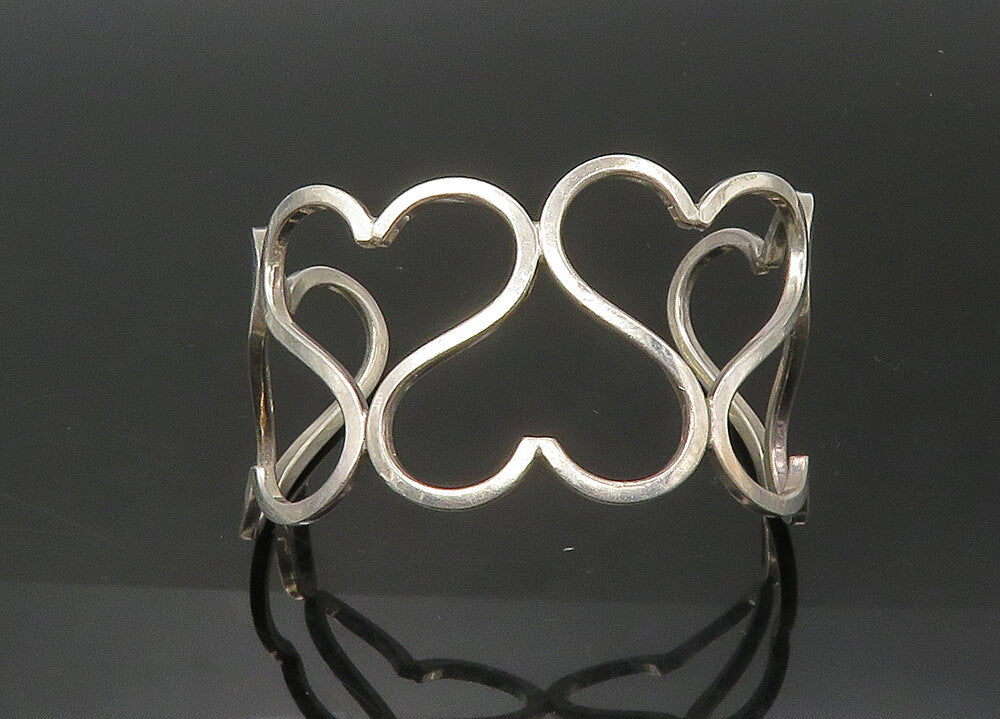 MEXICO 925 Silver  Vintage Shiny Up & Down Love Hearts Cuff Bracelet  BT8849
