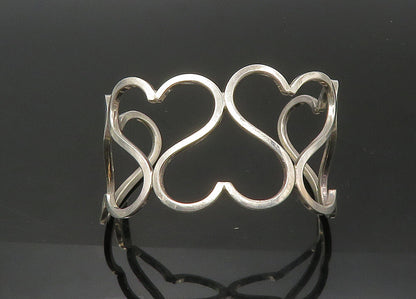 MEXICO 925 Silver  Vintage Shiny Up & Down Love Hearts Cuff Bracelet  BT8849