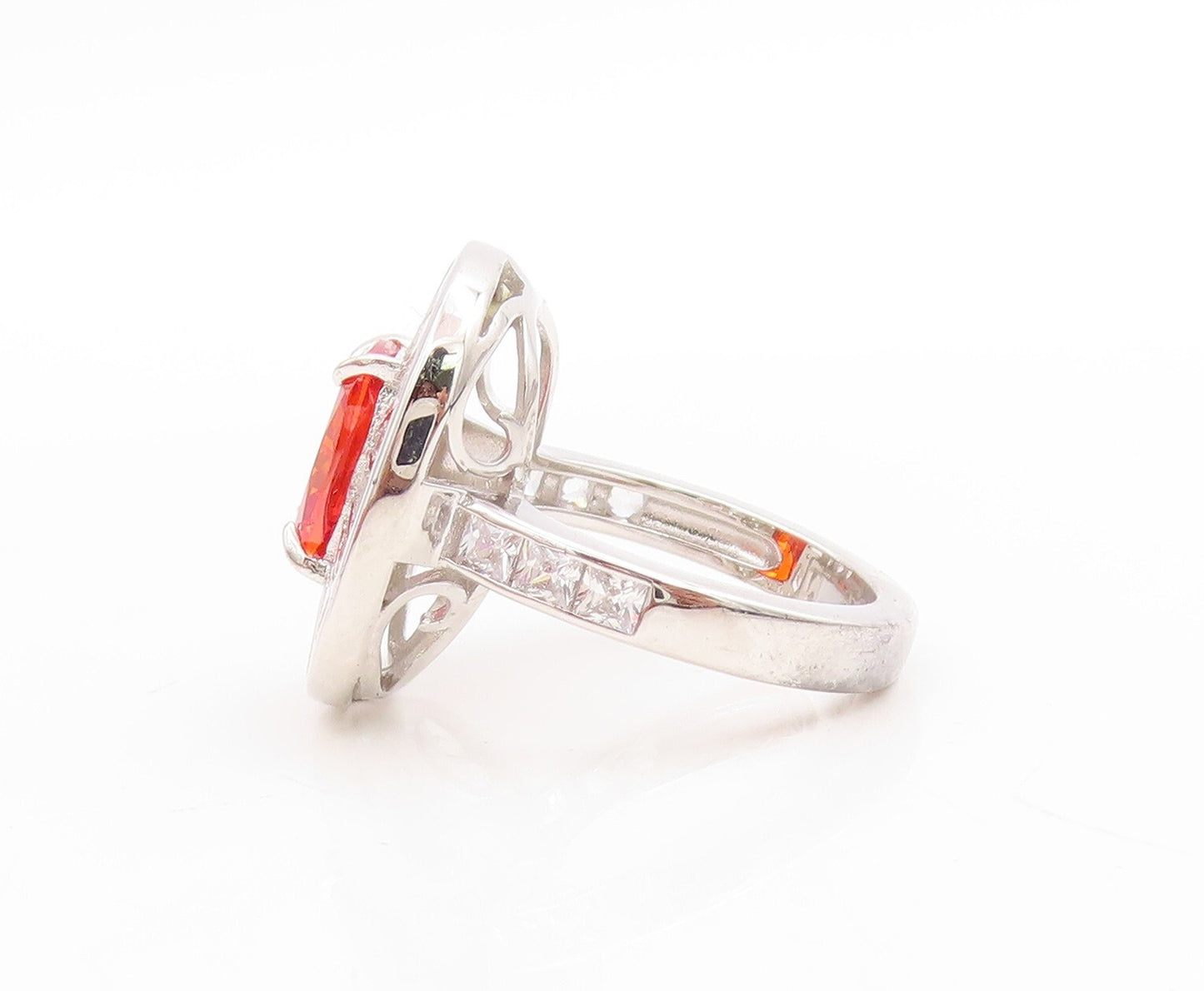 925 Sterling Silver Vintage Ring Rectangle Orange Halo White CZ Sz 7  RG30729