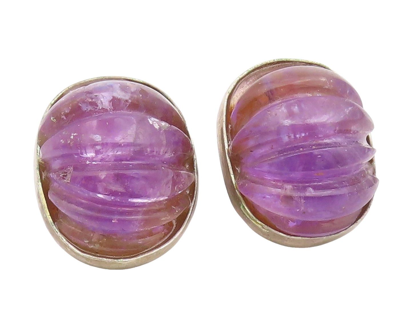 925 Sterling Silver Vintage Earrings Carved Amethyst Button Clip On  EG14131