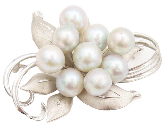 925 Sterling Silver  Vintage Pearl Beaded Carved Flower Brooch Pin  BP10523