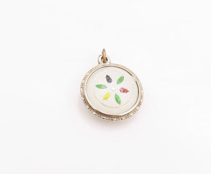 925 Sterling Silver Vintage Pendant 2 Side Enameled Flower & Peacock  PT24507