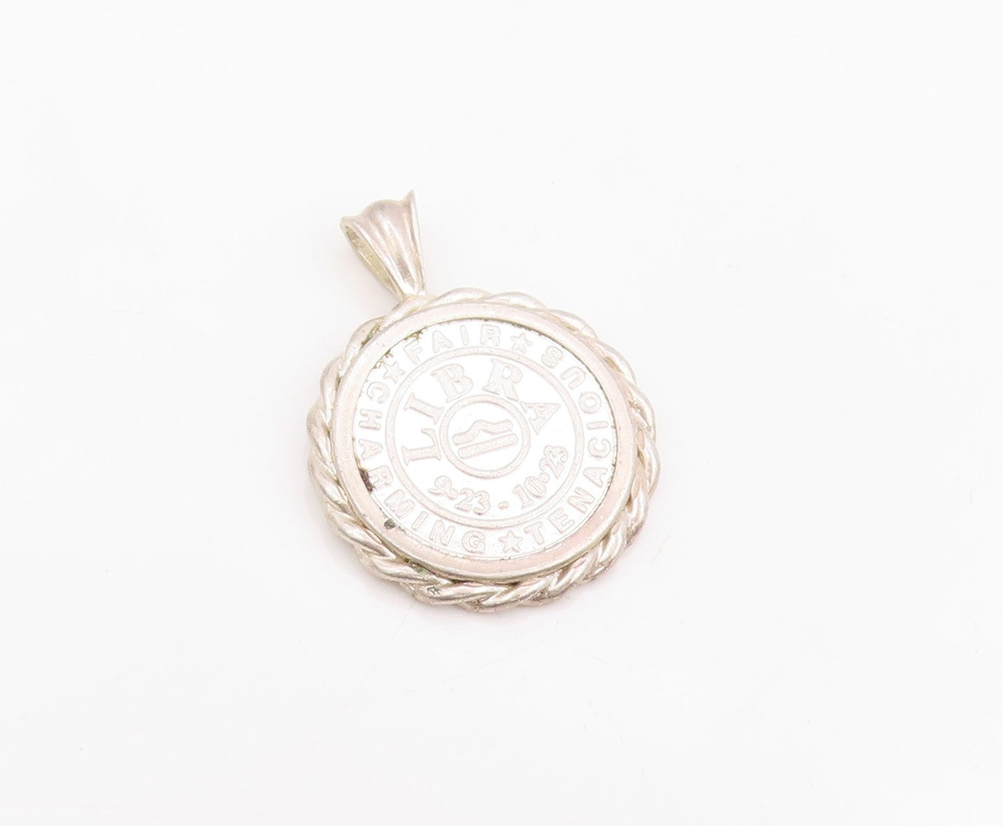 925 Sterling Silver Vintage Pendant Libra Zodiac Rope Edge Medallion  PT25760