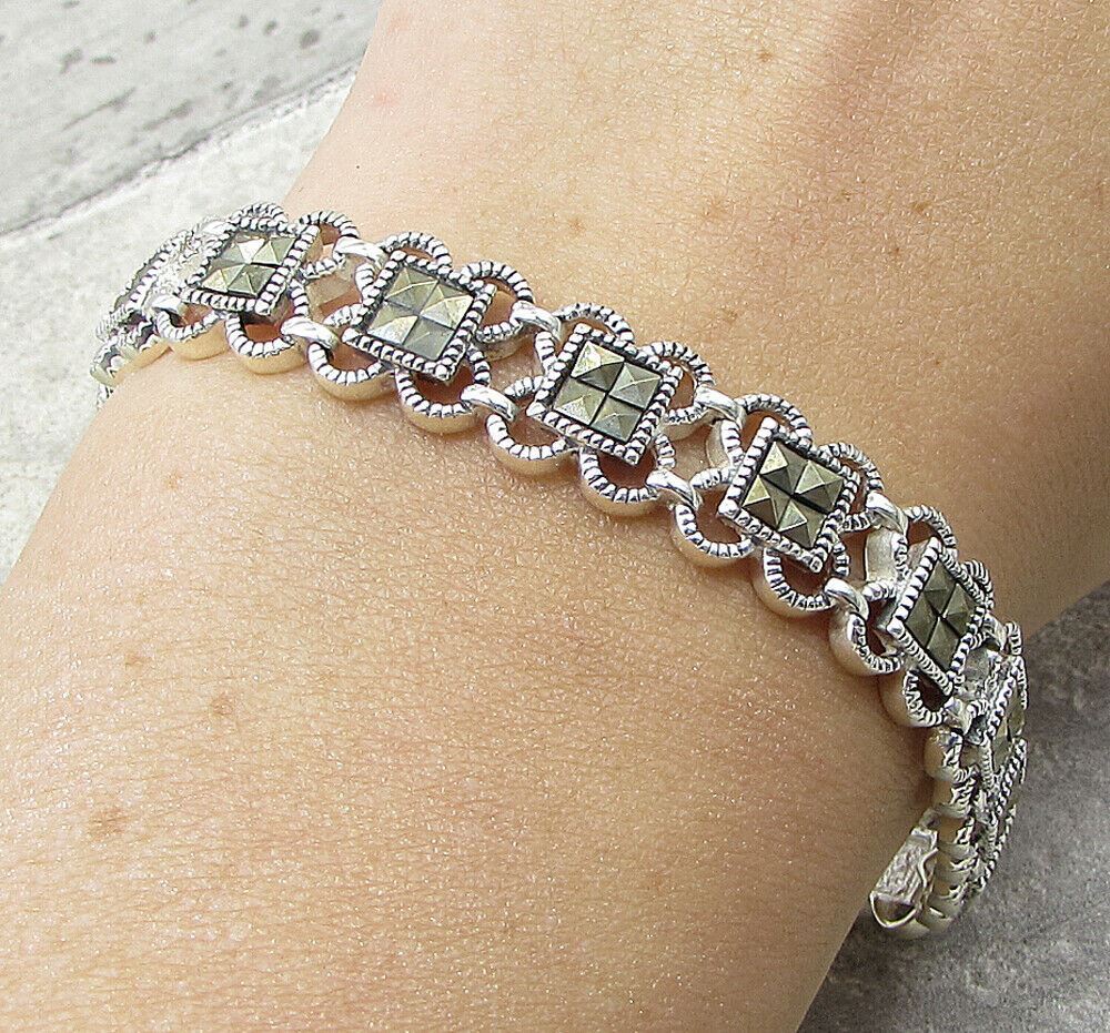 925 Sterling Silver  Marcasite Linked Floral Tennis Bracelet  BT1012