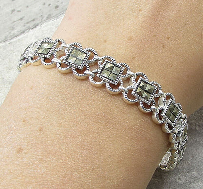 925 Sterling Silver  Marcasite Linked Floral Tennis Bracelet  BT1012