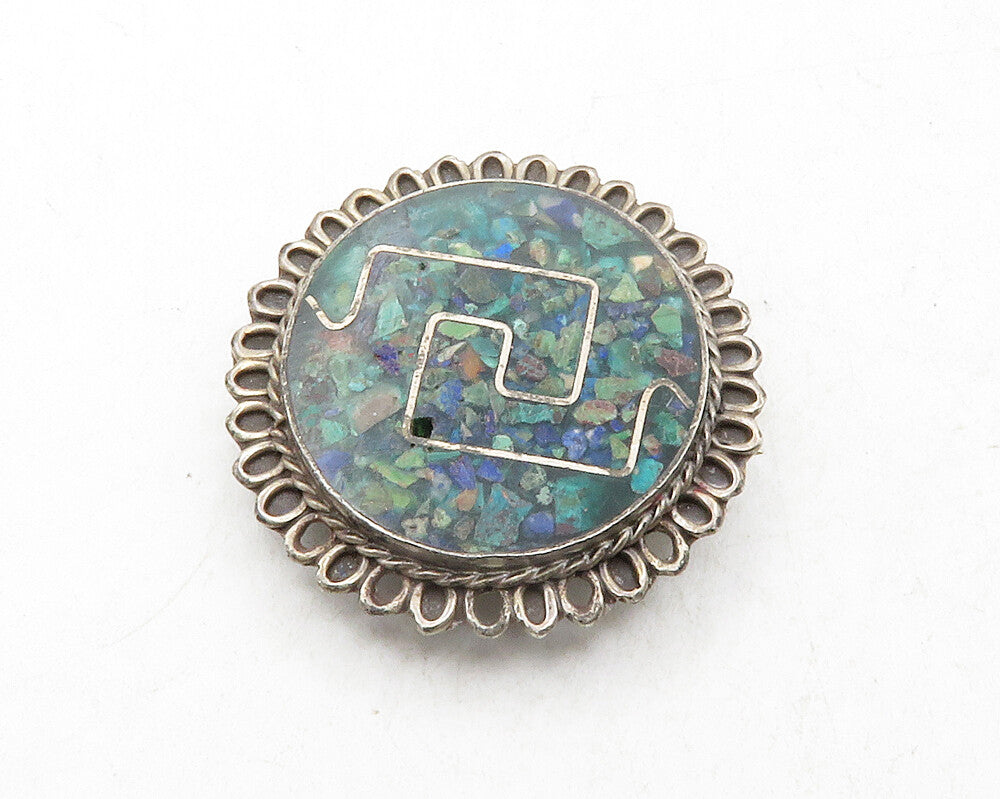 MEXICO 925 Sterling Silver  Vintage Crushed Turquoise Round Brooch Pin  BP4720