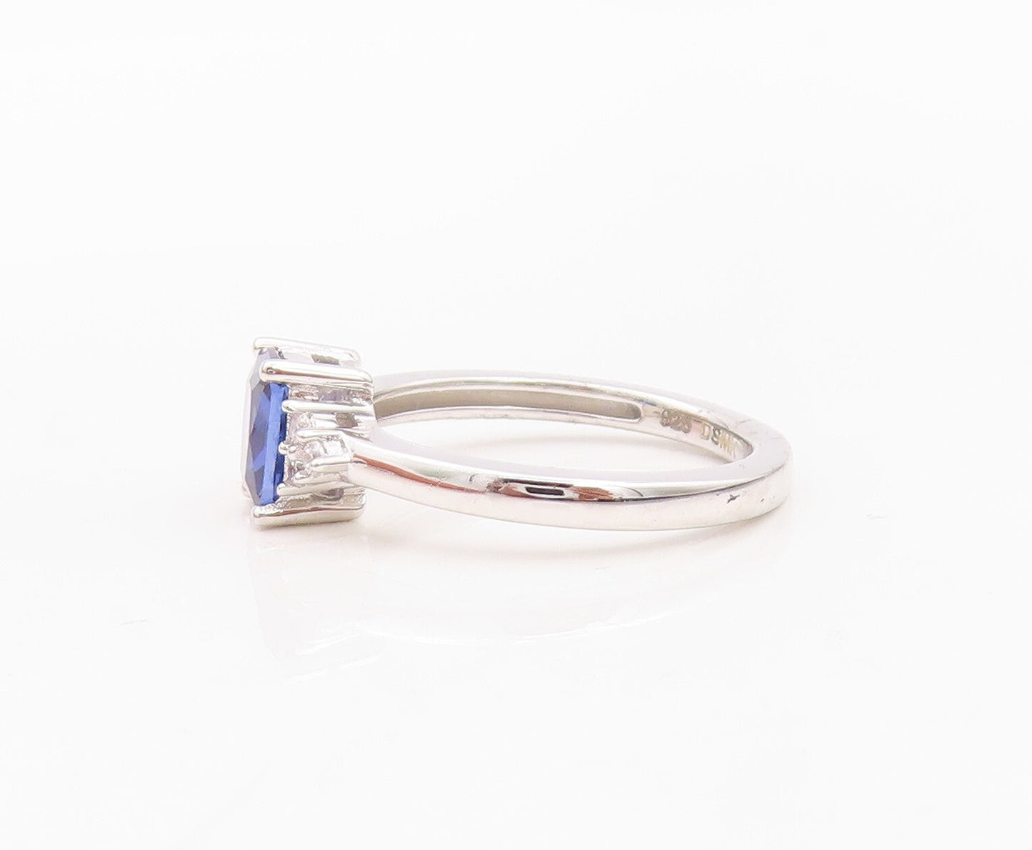 925 Sterling Silver Vintage Ring Rectangle Cut Sapphire Beaded CZ  Sz 7  RG30139