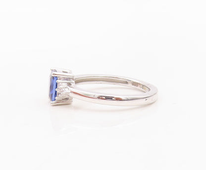 925 Sterling Silver Vintage Ring Rectangle Cut Sapphire Beaded CZ  Sz 7  RG30139