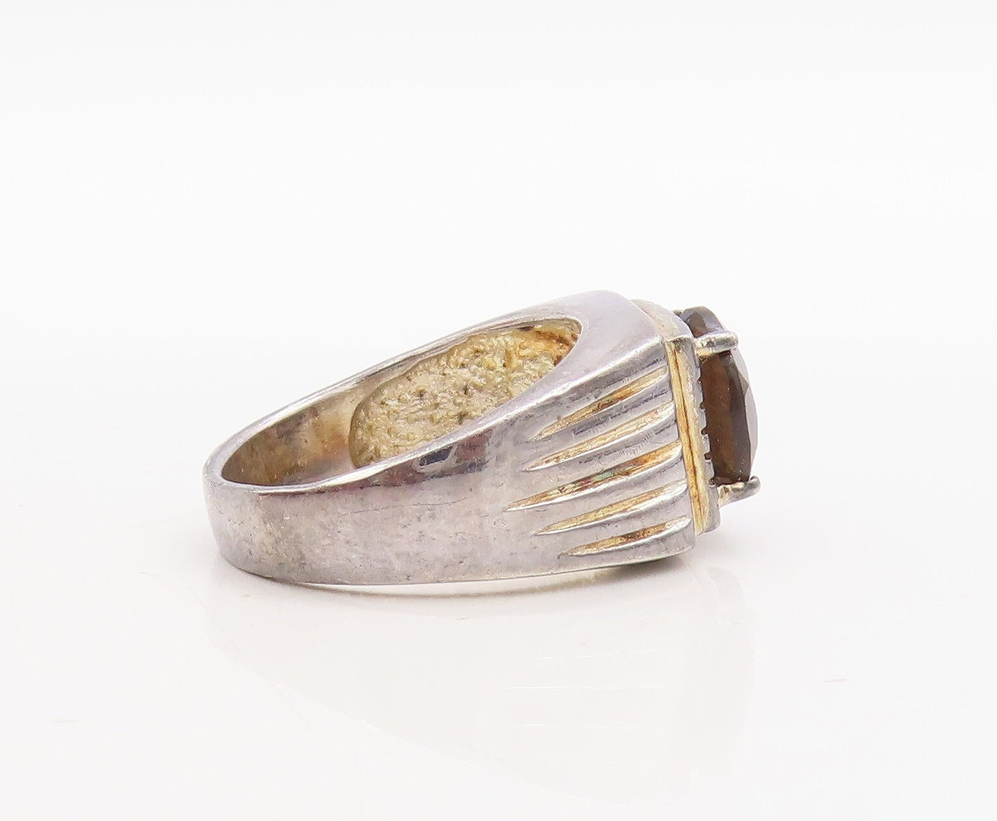 925 Sterling Silver Vintage Ring Grooved Lines Round Smoky Quartz Sz 8.5 RG31673