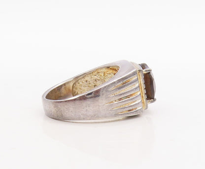 925 Sterling Silver Vintage Ring Grooved Lines Round Smoky Quartz Sz 8.5 RG31673