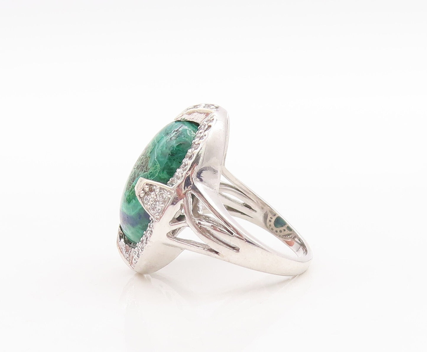 925 Sterling Silver Vintage Ring Oval Azurite Halo CZ Frame  Sz 7 RG29352