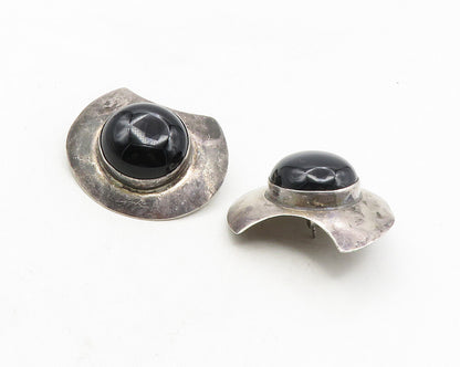 925 Sterling Silver  Vintage Cabochon Cut Black Onyx Drop Earrings  EG5175
