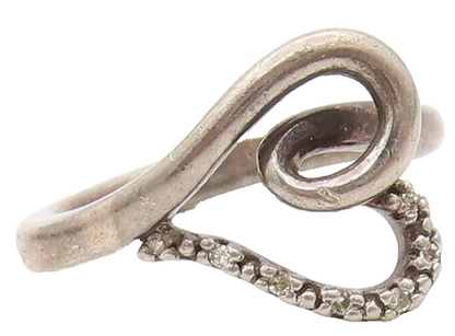 925 Sterling Silver Vintage Ring Swirled Real Diamonds Heart Sz 4.5  RG27625