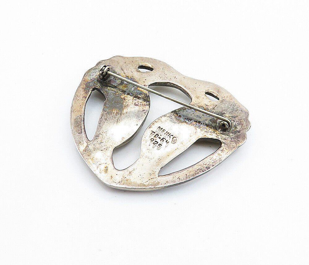 MEXICO 925 Sterling Silver Vintage Two Tone Heart Design Brooch Pin BP2498