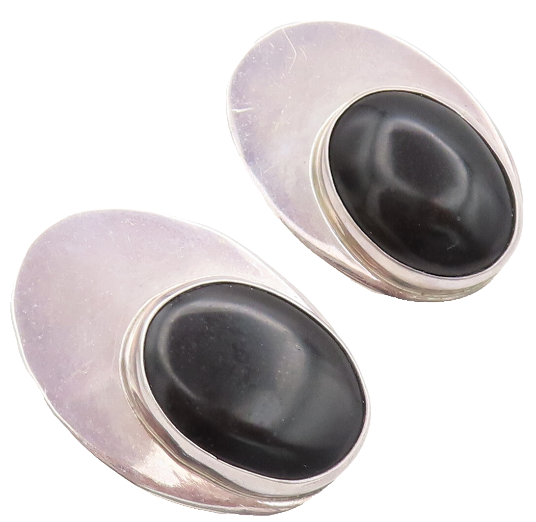 MEXICO 925 Silver  Vintage Minimalist Large Oval Onyx Clip Earrings  EG12651