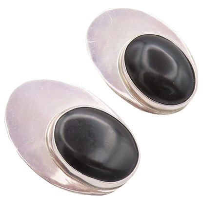 MEXICO 925 Silver  Vintage Minimalist Large Oval Onyx Clip Earrings  EG12651